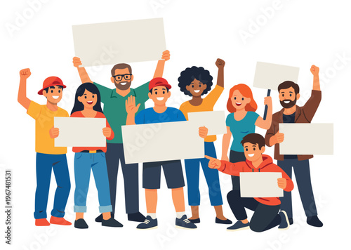 Group of diverse people standing together, holding blank signs and engaging in a protest or demonstration for social change