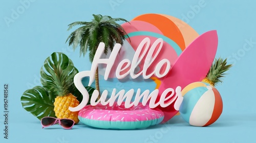 Bright and Colorful Summer Display With Fruits and Beach Items in a Playful S...