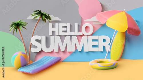 Bright and Colorful Summer Display With Fruits and Beach Items in a Playful S...