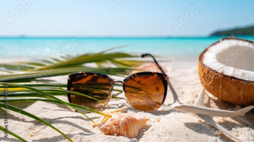 Relaxing on the Beach With Sunglasses, Coconut, and Seashells on White Sand N...