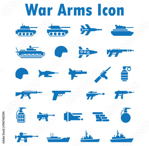 War arms icon set, military weapons and vehicles
