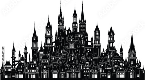 Fantasy castle city silhouette, medieval gothic architecture skyline, fairy tale kingdom buildings, dark enchanted town concept, black and white vector illustration