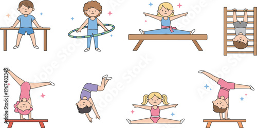Cartoon children doing gymnastics in colorful vector illustration of balance, splits, handstand, and playful activity design