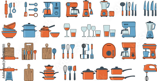 Kitchen utensil and appliance collection with cookware, knives, blenders, cutting boards, and tableware, cooking tool illustration set isolated on white background