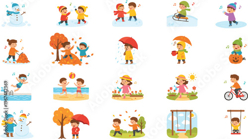 Cartoon children in colorful vector illustration of seasonal activities, winter snow, autumn leaves, summer fun, and outdoor play