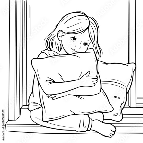 A young girl sitting on a windowsill and hugging a soft pillow in a coloring book style.