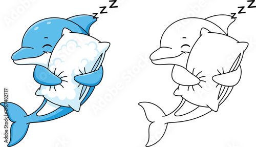 Cute Cartoon Dolphin Sleeping with Pillow Sweet Marine Dreams