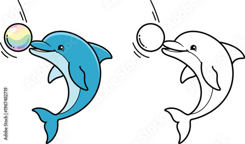Cute Cartoon Dolphin Playing with Colorful Ball Illustration Color and Black and White Line Art Version for Kids Coloring Page Activities and Educational Materials