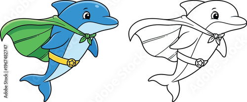 Super Cute Cartoon Dolphin Hero with Green Cape and Star Belt
