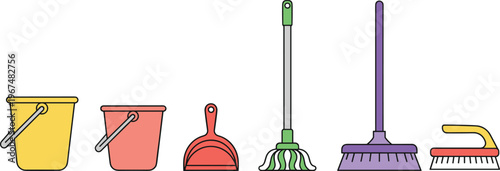 Cartoon cleaning tools in colorful vector illustration of bucket, mop, broom, dustpan, and household hygiene design