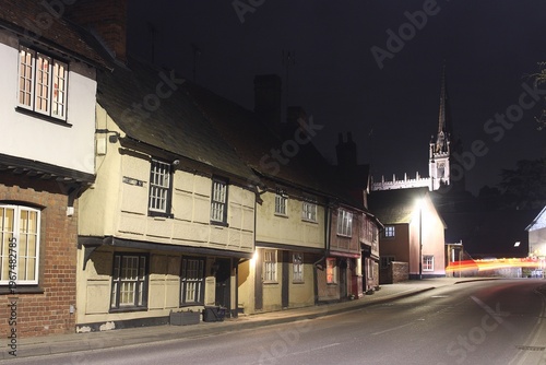 Bridge Street, Saffron Walden, Essex, by night.