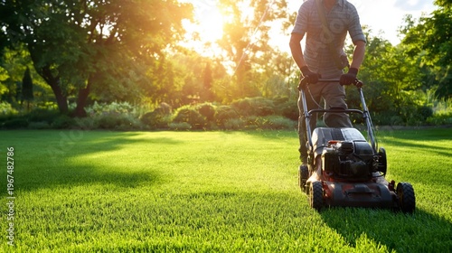 Man Mows Grass in Sunny Park During Late Afternoon in Summer