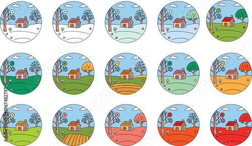 Cartoon countryside house in colorful vector illustration of seasonal changes, weather, nature, and landscape design