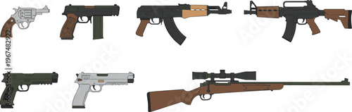 Cartoon firearms in colorful vector illustration of revolver, pistol, rifle, assault weapon, and military design