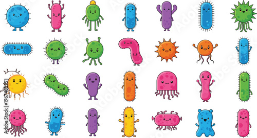 Cute bacteria and microbe collection with colorful cartoon germs and microorganisms, science and biology illustration set isolated on white background