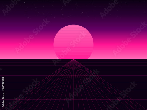 80s Retrowave Sun Horizon Perspective Grid Poster Art