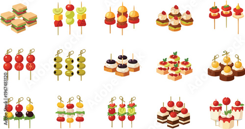 Appetizer and snack collection with colorful finger foods, mini sandwiches, skewers, and desserts, party food illustration set isolated on white background