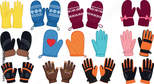 Assorted collection of colorful winter gloves and mittens with unique cozy fashion designs