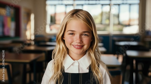 Young Girl Stands in Classroom With Eager Expression During Learning Session ...