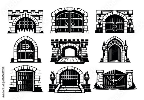 Assortment of ancient gates showcasing historic entryways to medieval strongholds, dungeons, and fortified structures