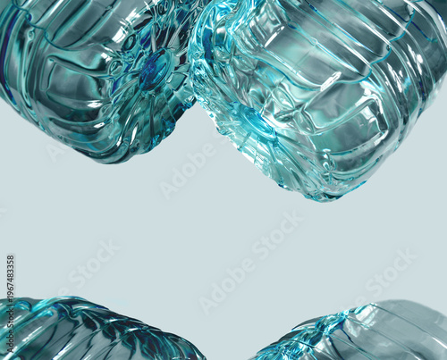 Abstract background, modern design wallpaper. Blank space. Wavy plastic object. Repetition of water bottle fragments, wavy pattern, futuristic bluish visual. Connection, links, concept
