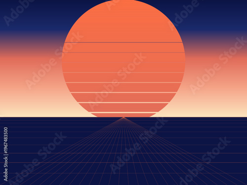 Retro Futuristic Sun Wireframe Grid Dark Background Vector
