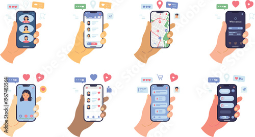 Cartoon online dating app in colorful vector illustration of profiles, chat, location, and social interaction features