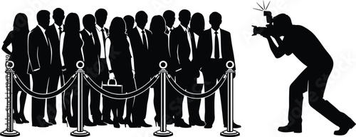 Black silhouette of a professional photographer taking photos of a group of celebrities or business people behind a velvet rope at red carpet