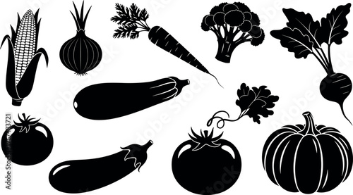 Black and White Vector Set of Fresh Vegetables Including Corn, Carrot, Zucchini, Eggplant, and Pumpkin for Healthy Food and Nutrition Designs