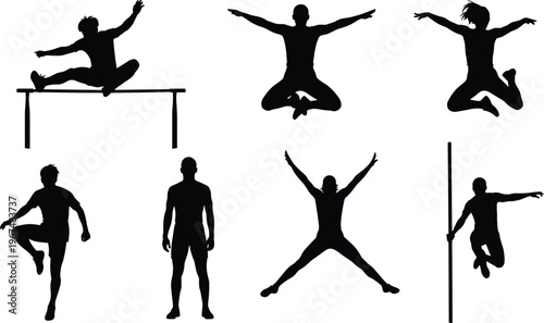 Athletic men silhouettes performing parkour jumps gymnastics and urban sports stunts on hurdles and bars for fitness training and extreme action vector illustration