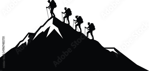 Black silhouette of a team of hikers with backpacks and trekking poles climbing a steep mountain peak isolated on white background for travel