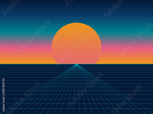 Vintage 80s Sunset Gradient Sky Perspective Grid Template