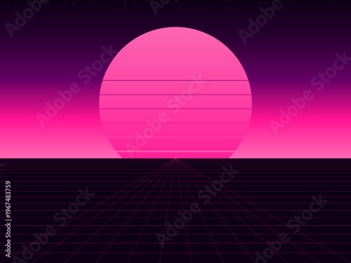 Synthwave Retro Sunset Neon Grid Landscape Background Vector