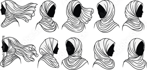 Collection of elegant Muslim woman silhouettes wearing various hijab styles and headscarves in profile and front view isolated on white background for Islamic fashion
