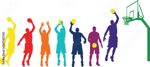 Colorful basketball player silhouettes performing various action poses including dunking shooting and dribbling near a hoop for sports competition and athletic training vector illustration