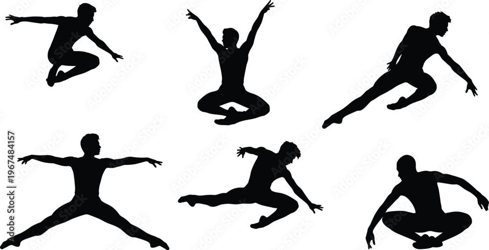 Obraz premium Male ballet dancer black silhouettes set featuring athletic man performing dynamic jumps leaps and graceful dance poses isolated on white background for arts