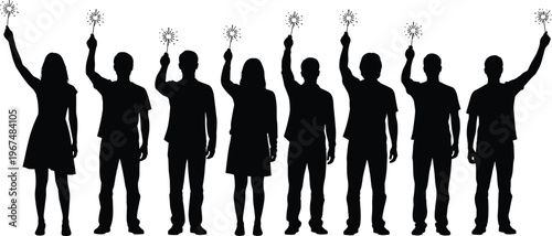 Large group of diverse people black silhouettes standing and holding burning sparklers up in the air celebrating outdoor party isolated on white background