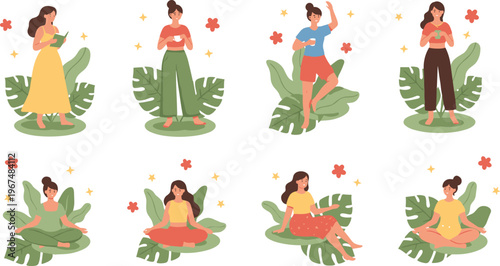 Cartoon people with tropical leaves in colorful vector illustration of reading, relaxing, meditation, and nature inspired design
