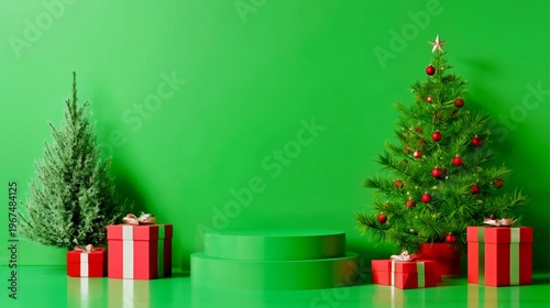 Gift Boxes Arranged on Circular Pedestals With Greenery in a Festive Setting ...