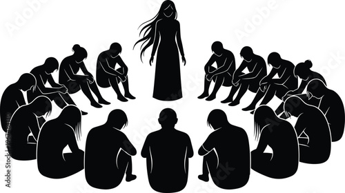 Mystical black silhouette of a long haired goddess standing in a circle of followers or people sitting on the ground isolated on white