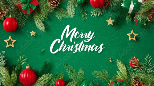 Merry Christmas Greeting With Decorations on a Green Background During Holida...