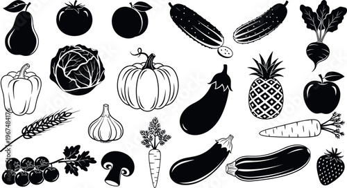 Black and White Vector Set of Various Fruits and Vegetables Including Tomato, Carrot, Garlic, Pumpkin, and More for Food, Health, and Nutrition Designs