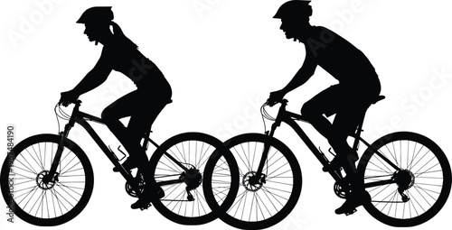 Black silhouette of two cyclists riding side by side on bicycles bike riders silhouettes