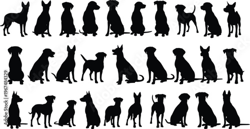 Black silhouettes of various dog breeds on white background dogs
