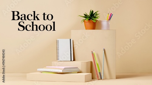 Back to School Display With Notebooks, Pens, and Plants on Simple Stands in a...