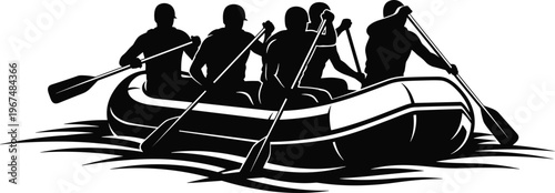 Team of athletes in rubber boat white water rafting black silhouette set featuring men rowing with paddles in river waves isolated on white background