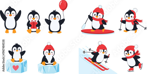 Cute penguin collection with winter activities and holiday poses, cartoon arctic animal illustration set isolated on white background for kids and festive design