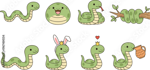 Cartoon snakes in colorful vector illustration of cute poses, playful characters, crowns, hearts, and nature design