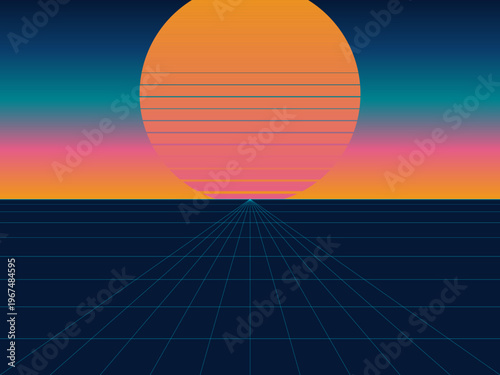 80s Retrowave Sun Horizon Perspective Grid Poster Art