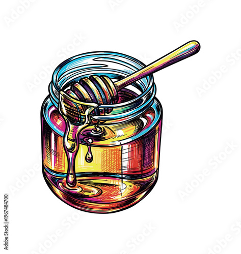 Artistic illustration of a glass jar filled with golden honey and a wooden dipper